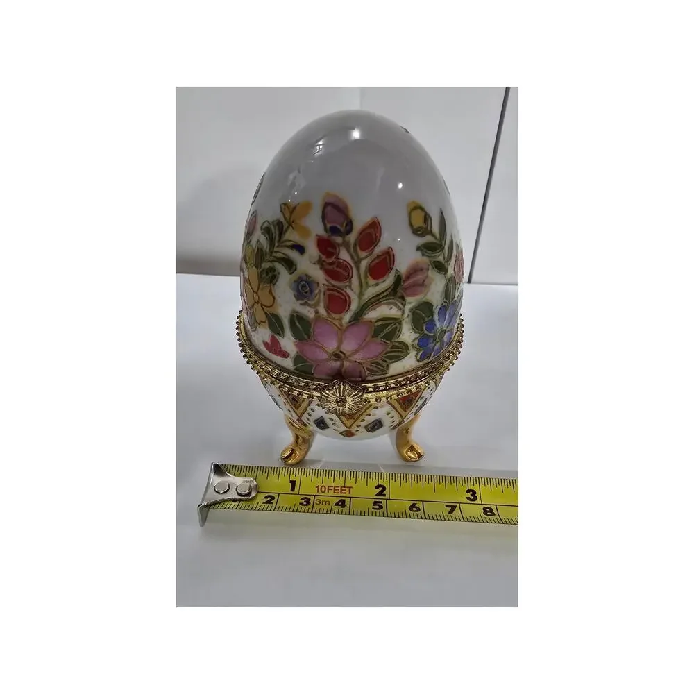 Vintage Hinged Porcelain Egg Trinket Box – Floral, Gold-Tone Band, Three Legs
